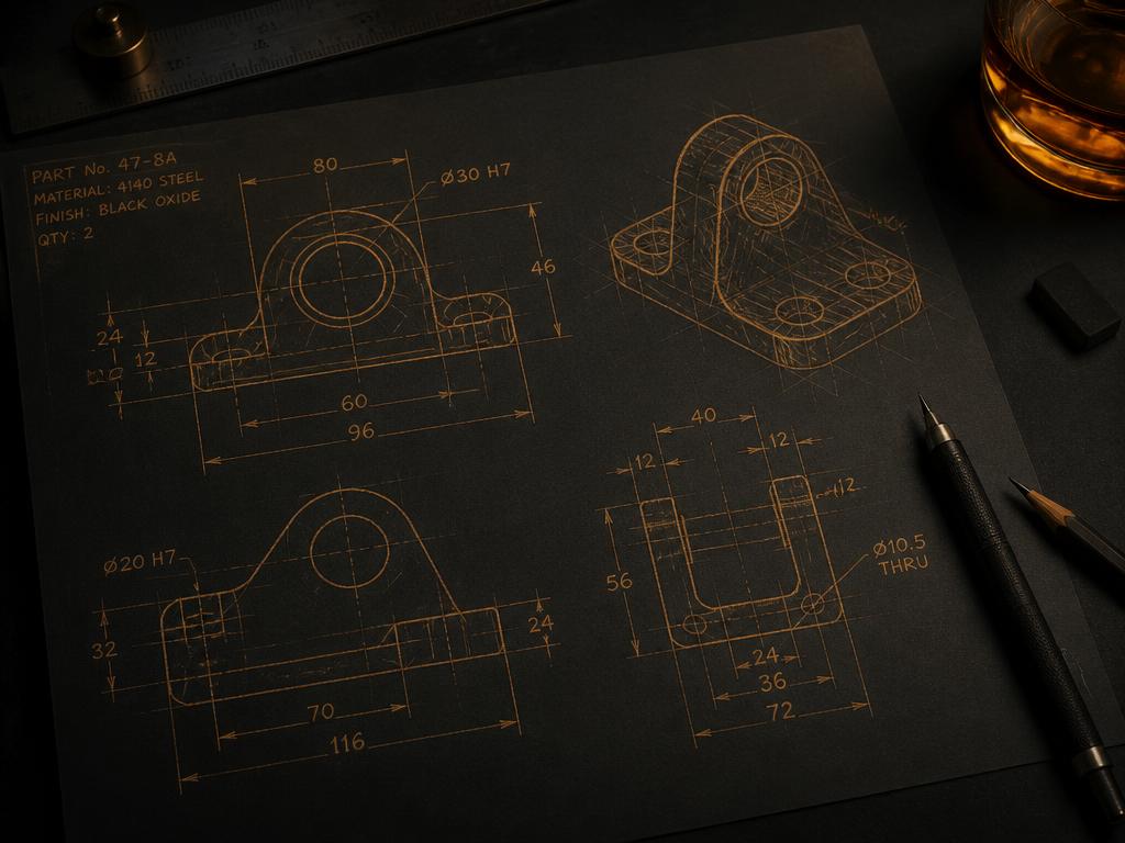 Technical drawing of a bracket with dimension callouts on dark paper