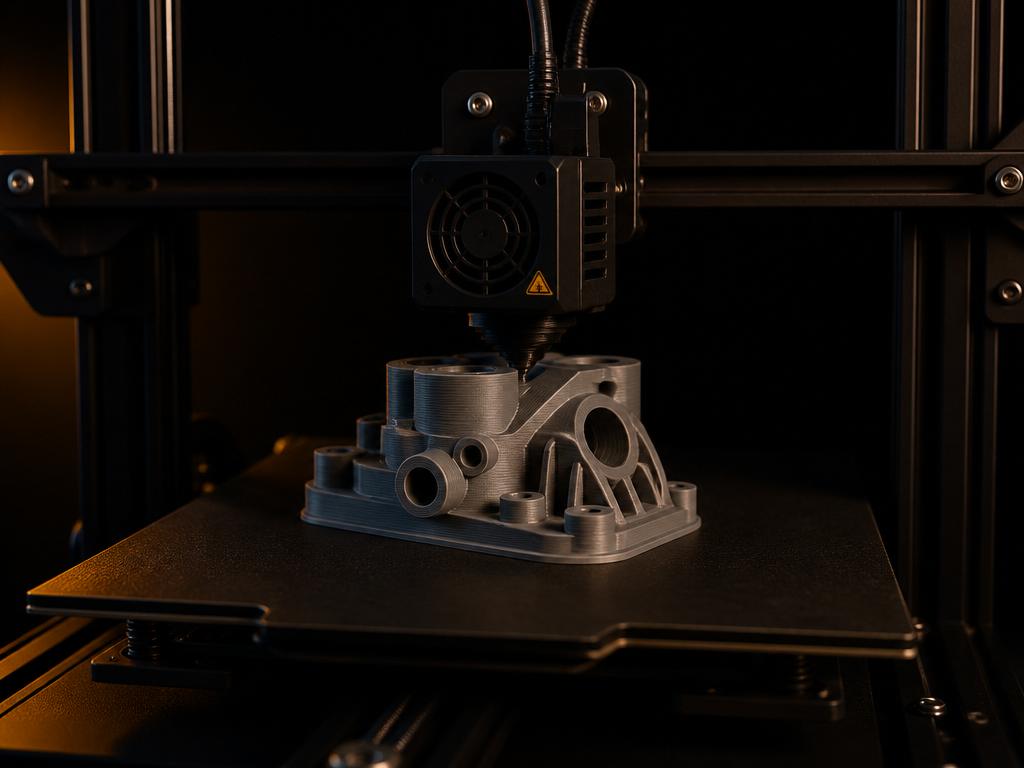 A 3D printer building a grey mechanical component