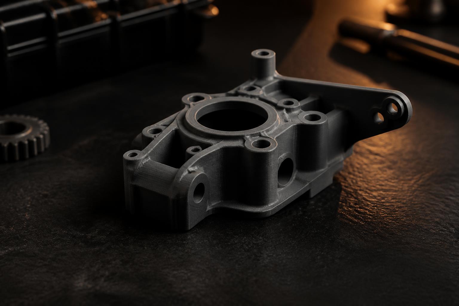 Matte grey 3D printed mechanical bracket on a dark workbench